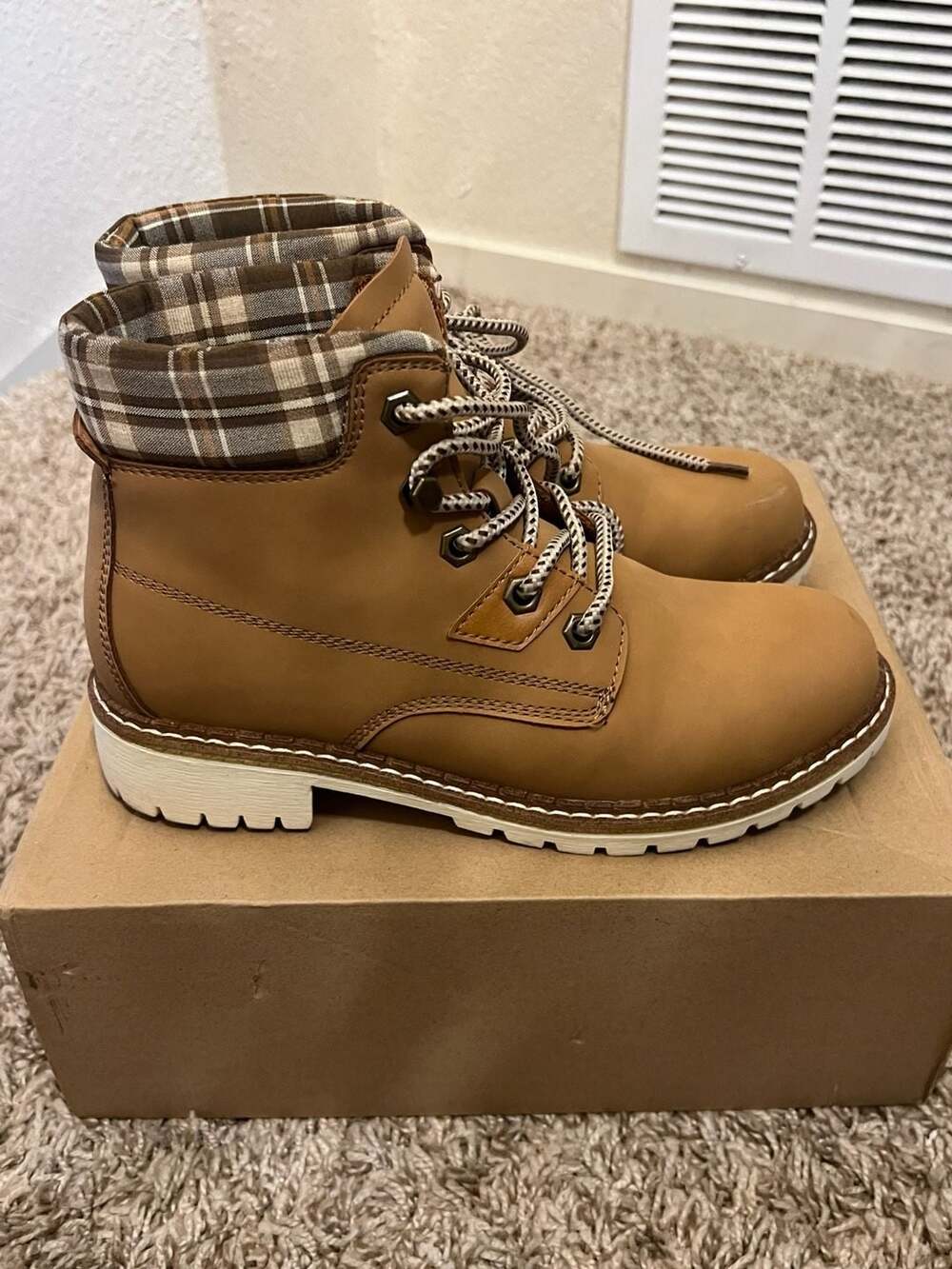 Women's Tan Waterproof Casual Boots with Plaid Collar